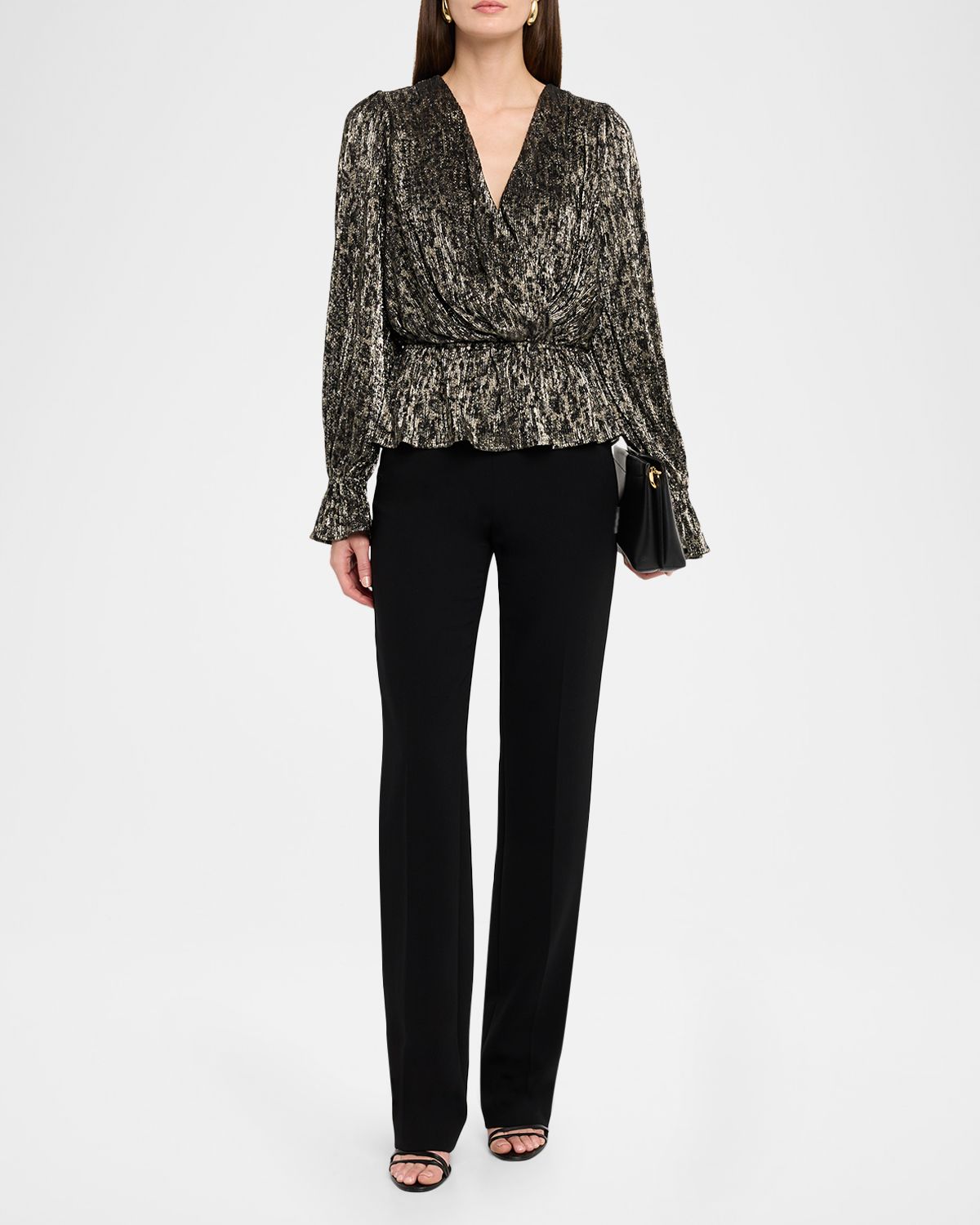 Ramy Brook Jean Pleated Metallic Peplum-Hem Blouse