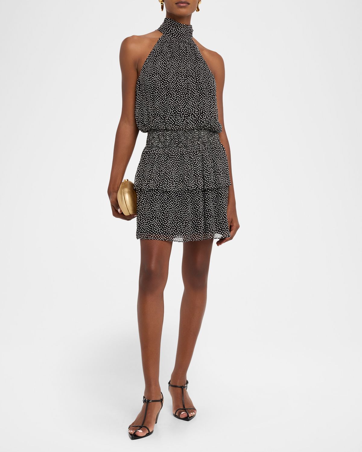 Ramy Brook Luana Polka Dot Tie-Neck Mini Dress