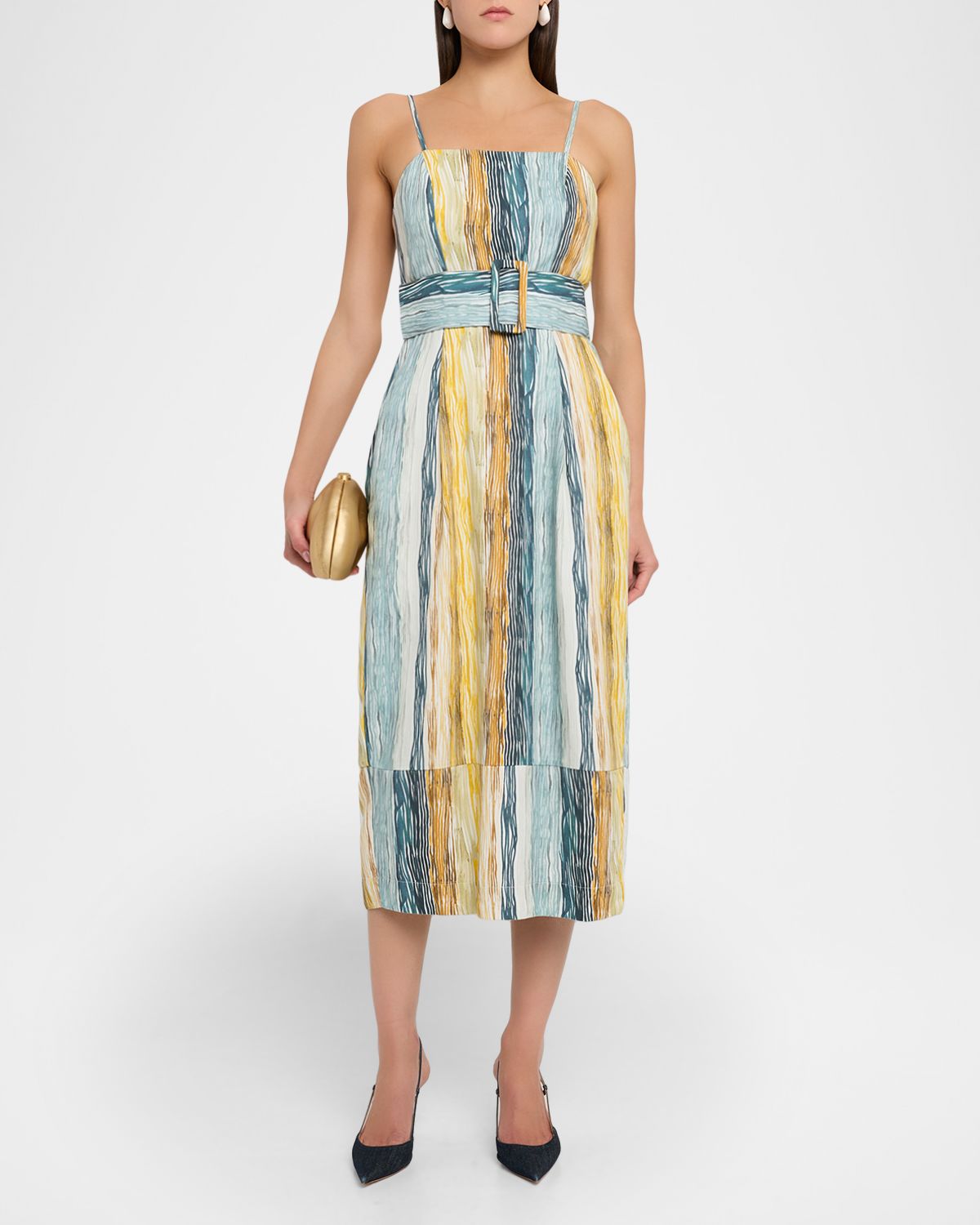 Rosie Assoulin Artichoke Striped Belted Sleeveless Midi Dress