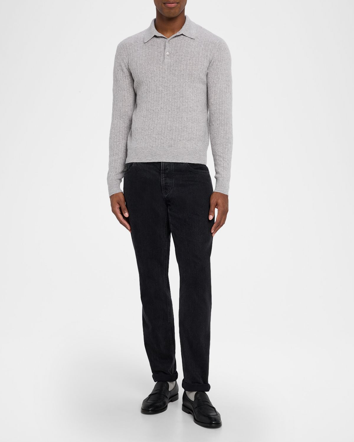 Neiman Marcus Men 's Classic Micro Cable-Knit Long-Sleeve Polo