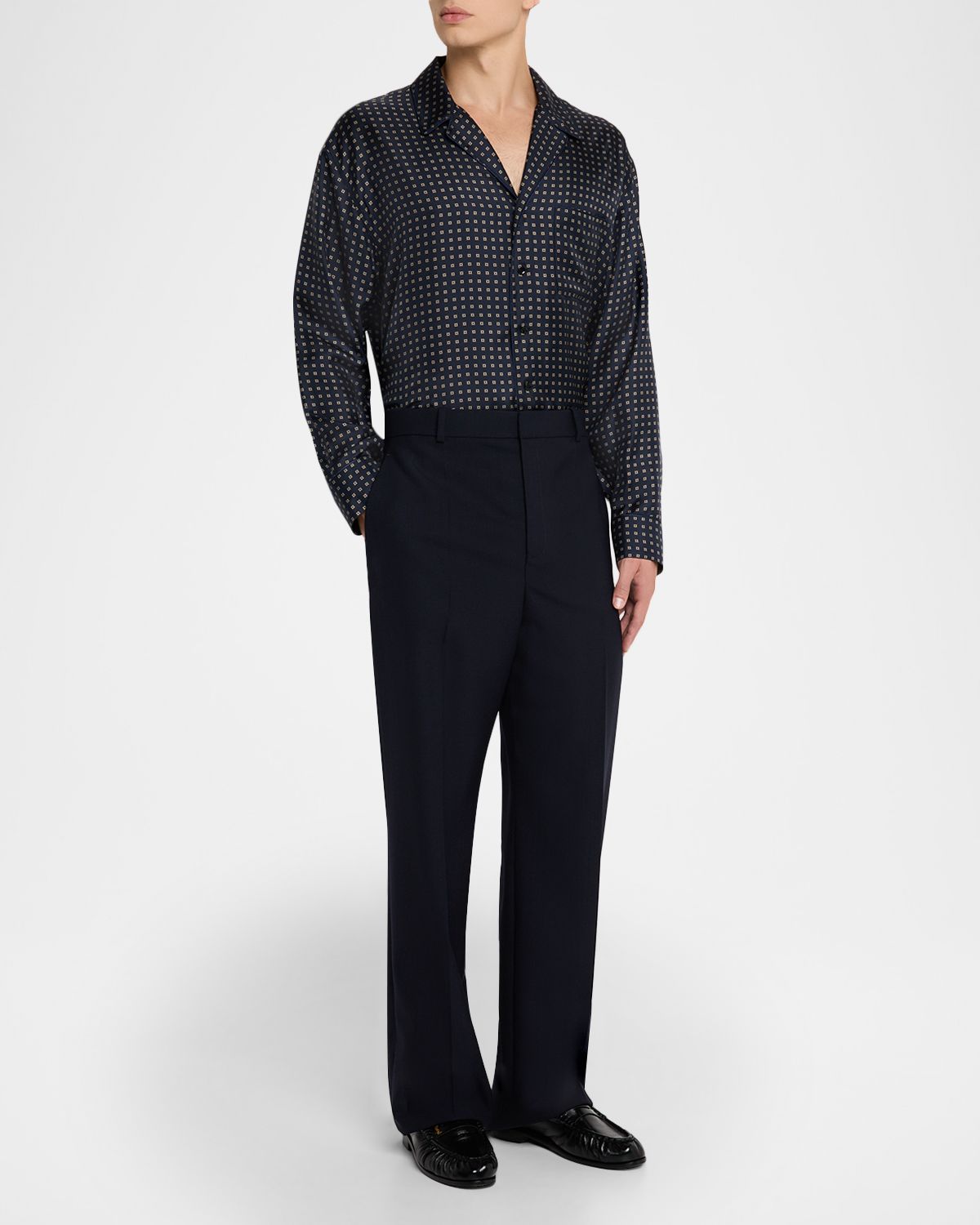 Saint Laurent Men 's Silk Micro-Medallion Long-Sleeve Pajama Shirt