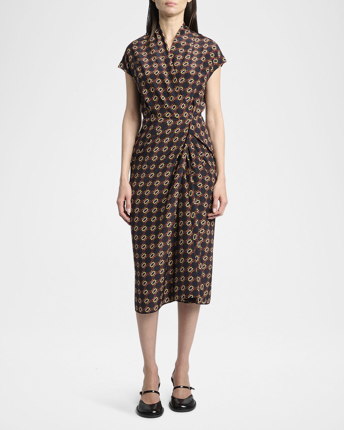 Dries Van Noten Dilian Geo-Print Draped Wrap Midi Dress