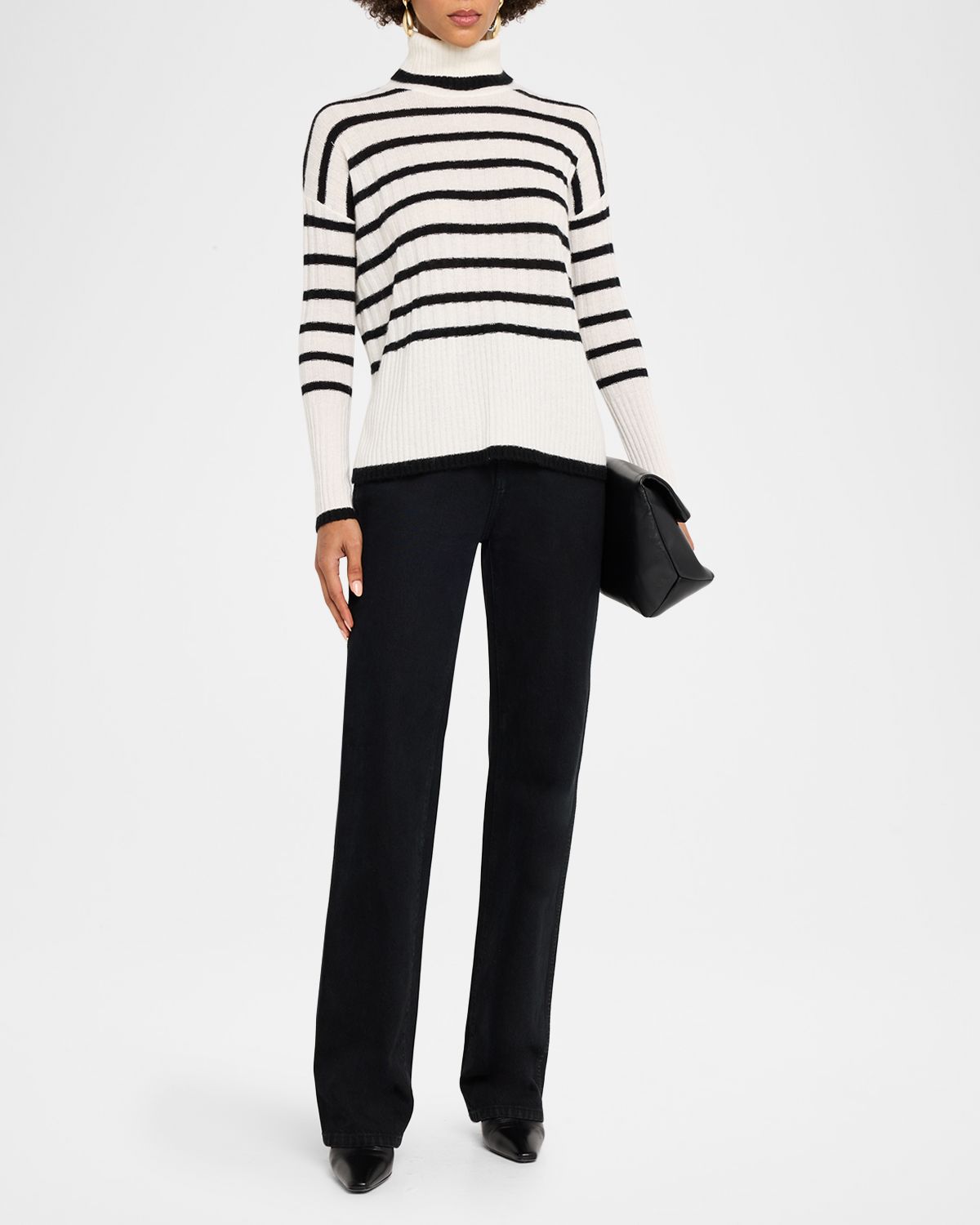 Neiman Marcus Cashmere Collection Cashmere Striped Rib Knit Turtleneck
