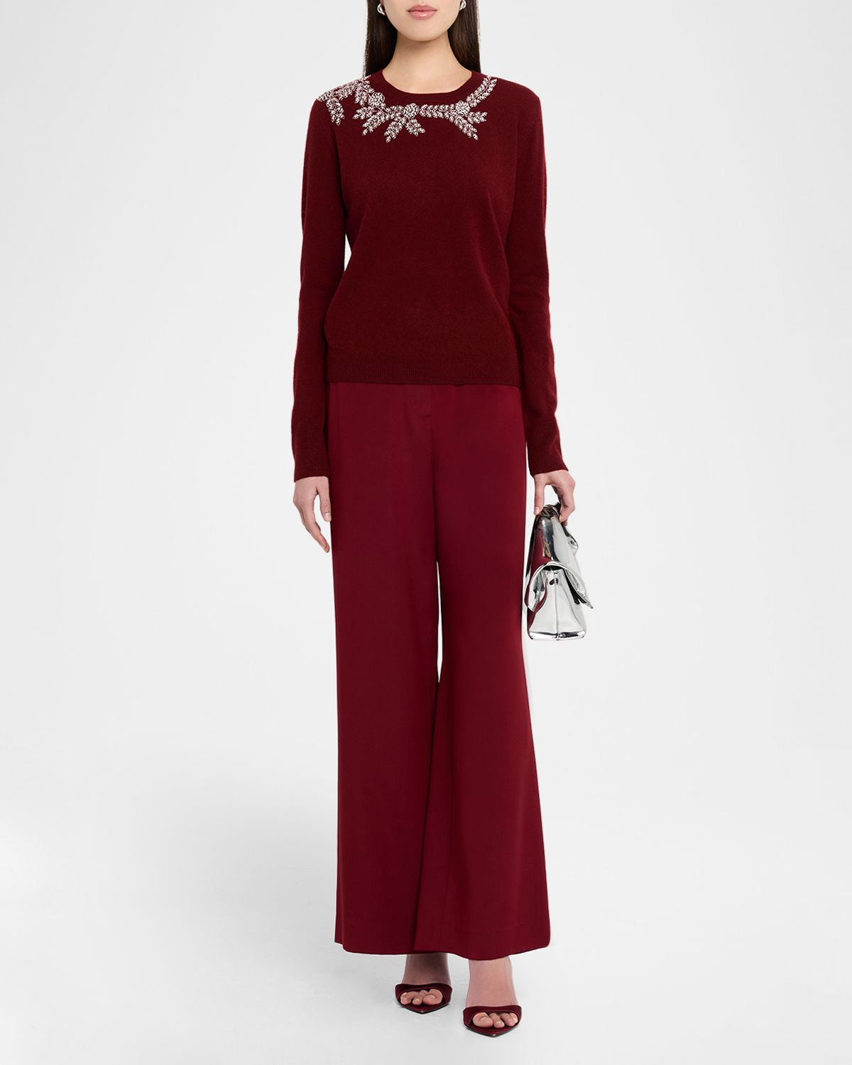 Neiman Marcus Cashmere Collection Cashmere Floral Rhinestone-Embellished Sweater