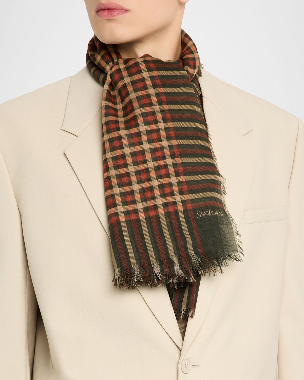Saint Laurent Men 's Wool Madras Check Square Scarf