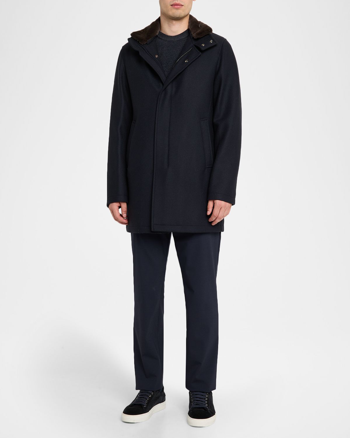 Herno Men 's Twill Car Coat w/ Removable Faux-Fur Collar