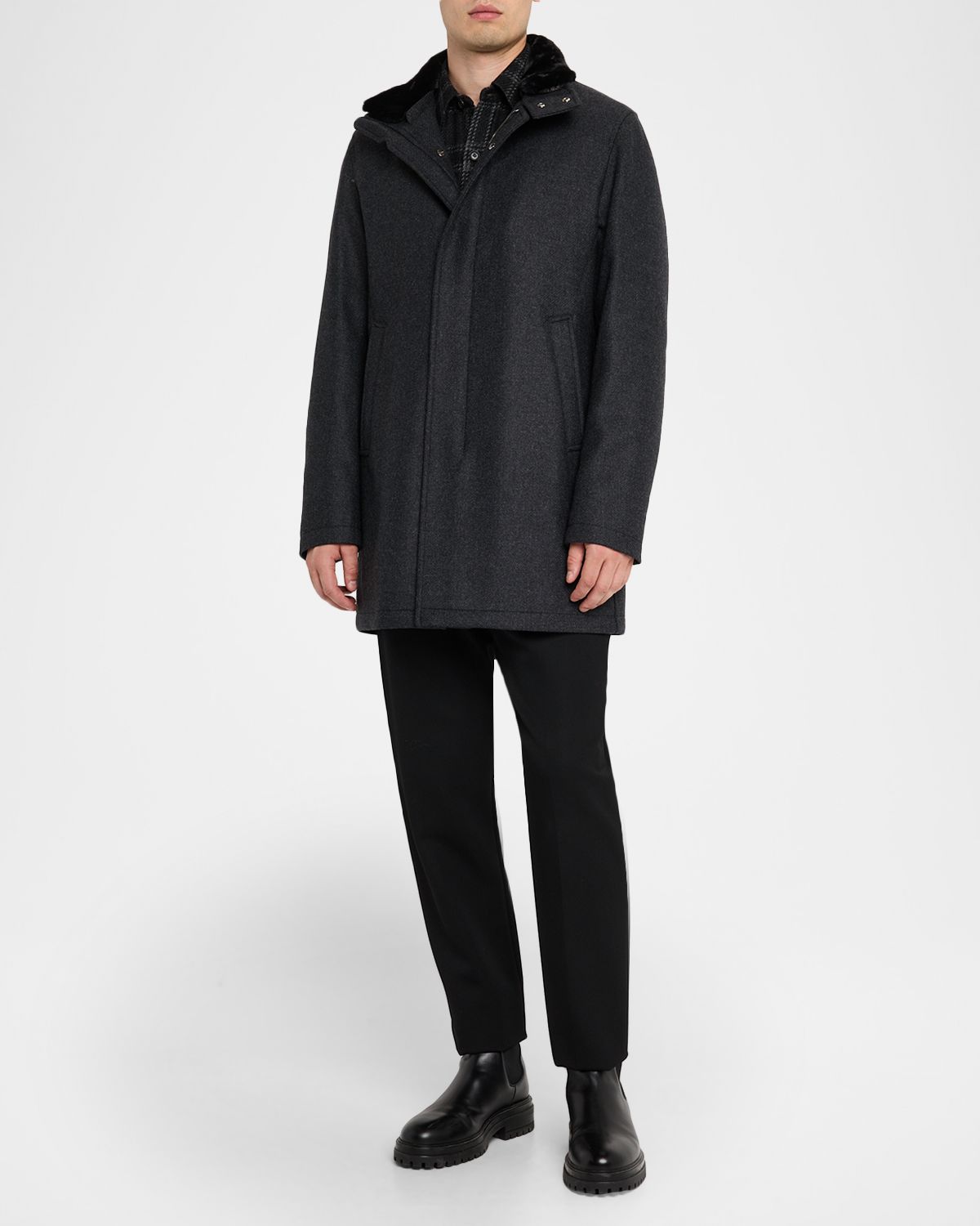 Herno Men 's Twill Car Coat w/ Removable Faux-Fur Collar