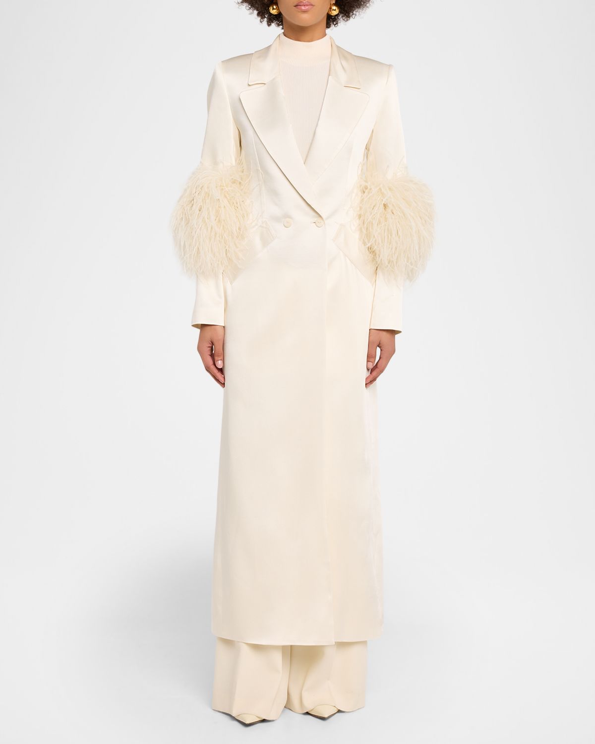 LAPOINTE Feather-Trim Satin Double Breasted Long Coat | Thumbnail 5