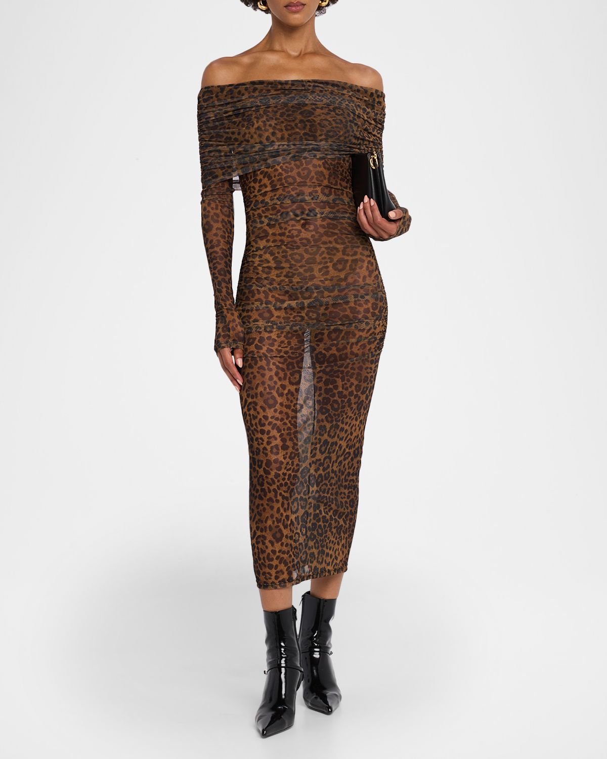 LAPOINTE Bodycon Leopard-Print Mesh Midi Dress