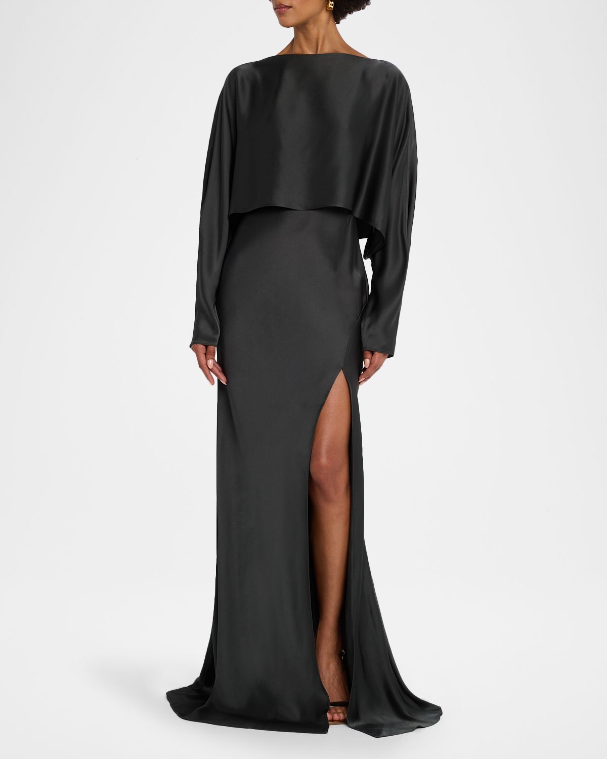LAPOINTE Dolman-Sleeve Satin Cape Gown