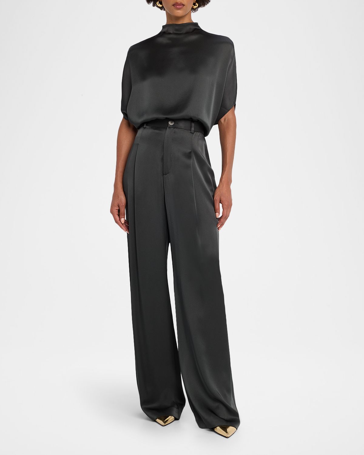 LAPOINTE Pleated Wide-Leg Satin Pants