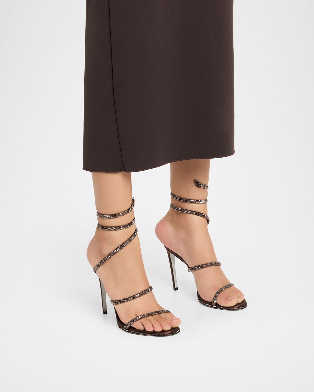 Rene Caovilla Snake Spiral-Wrap Strass Satin Sandals