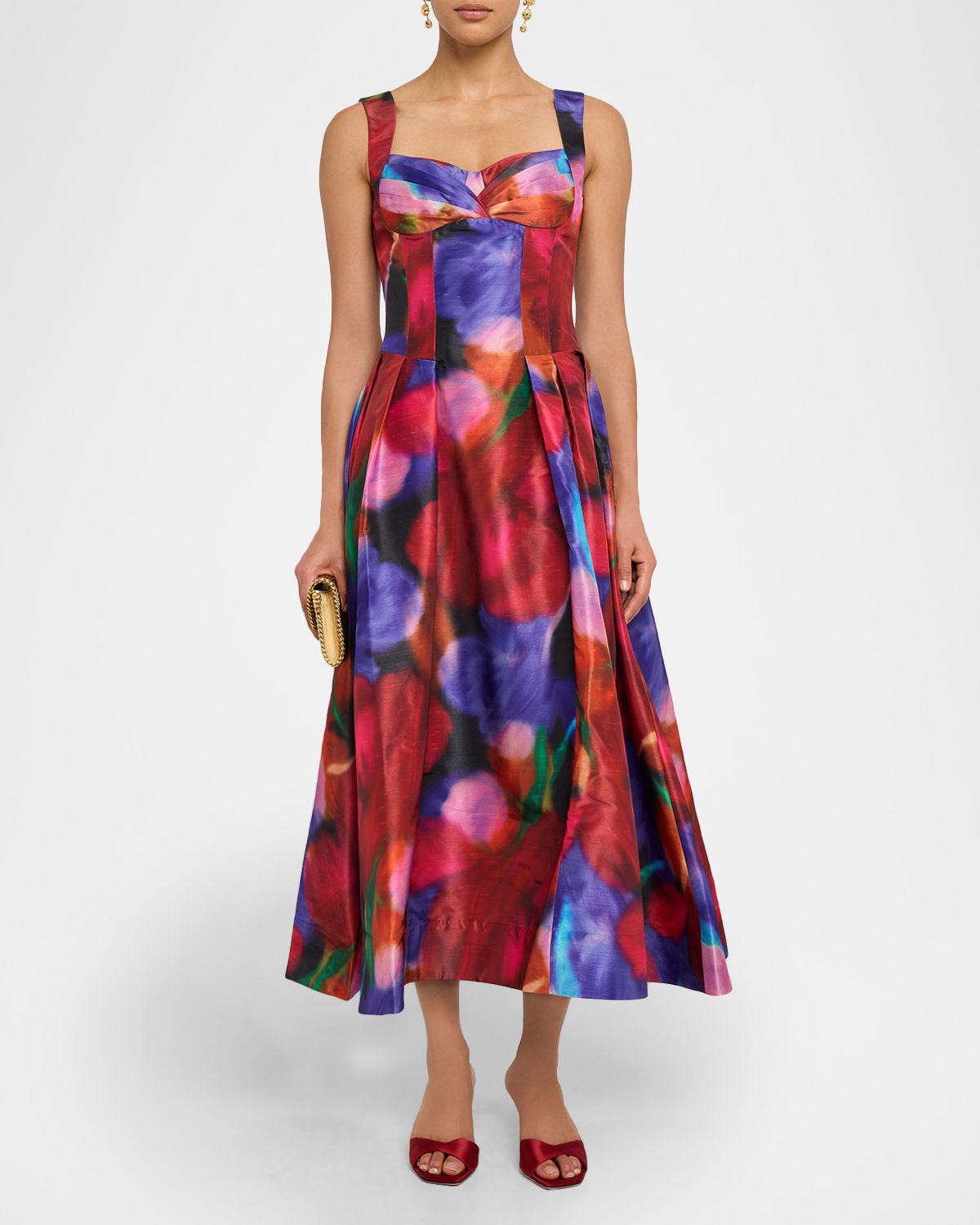 REBECCA VALLANCE Cabaret Roses Pleated Sweetheart Midi Dress