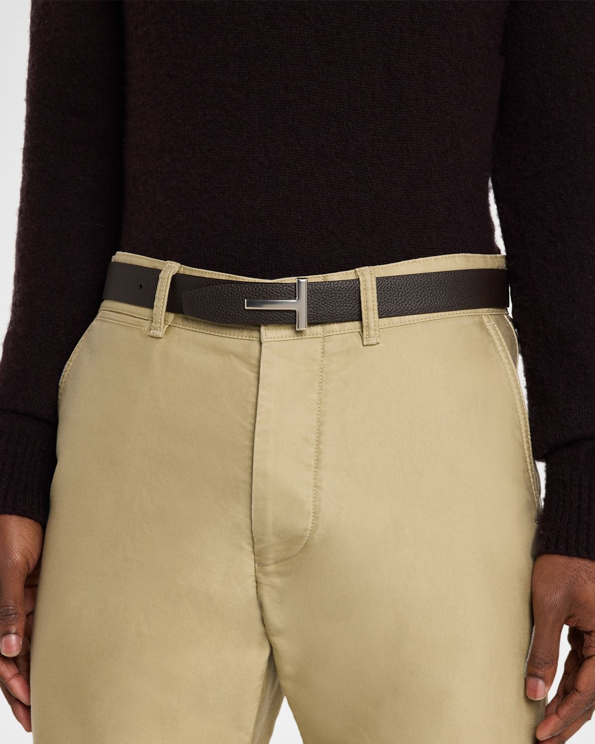 TOM FORD Men 's Reversible T-Buckle Grained Leather Belt