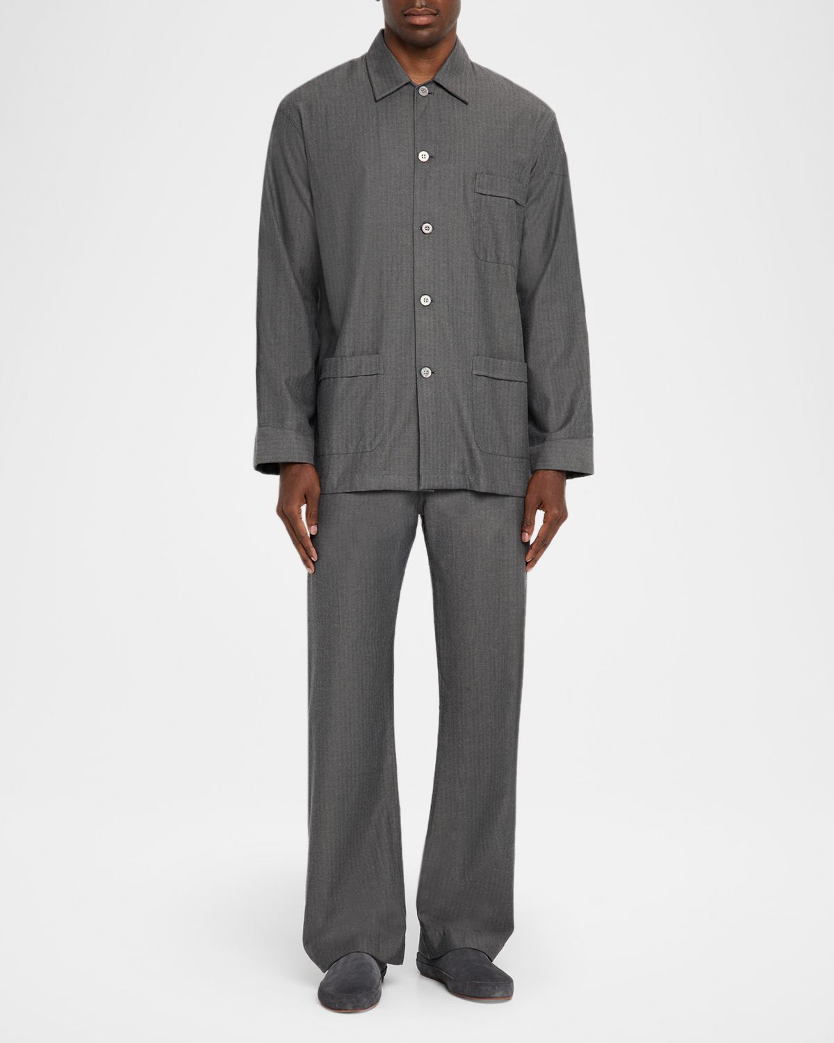 Derek Rose Men 's Balmoral Brushed Herringbone Cotton Long Pajama Set