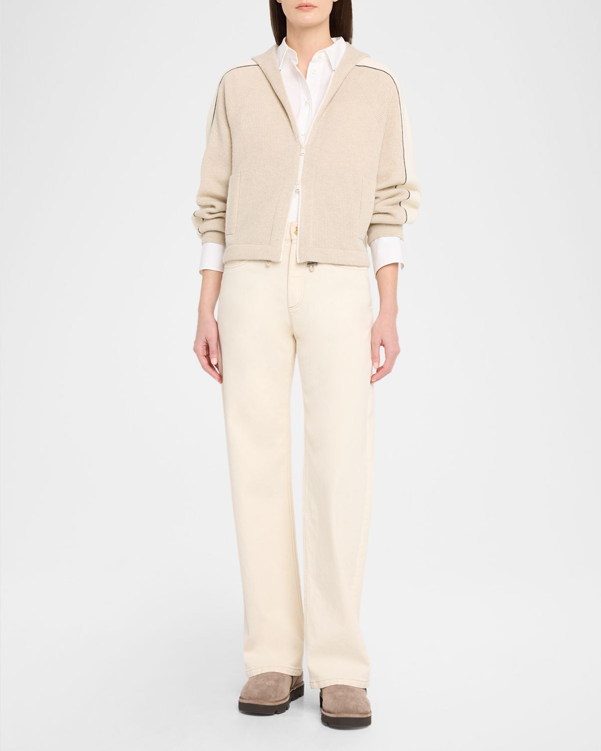 Brunello Cucinelli Monili-Trim Cashmere Rib Zip Sport Hoodie