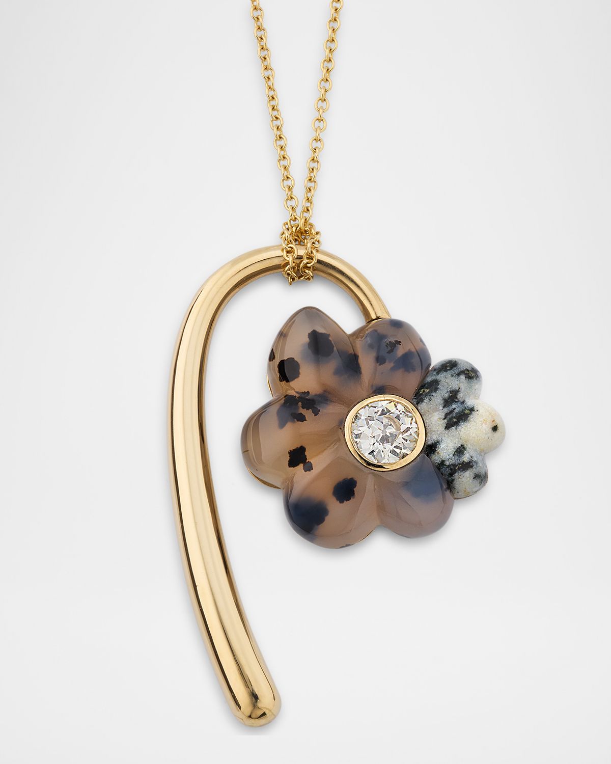 Retrouvai Large Flora Pendant Necklace with Hand Carved Dendrite and Leopard Jasper