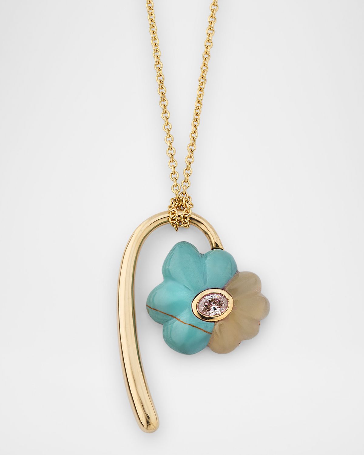 Retrouvai Petite Flora Necklace with Hand Carved Turquoise and Aquamarine