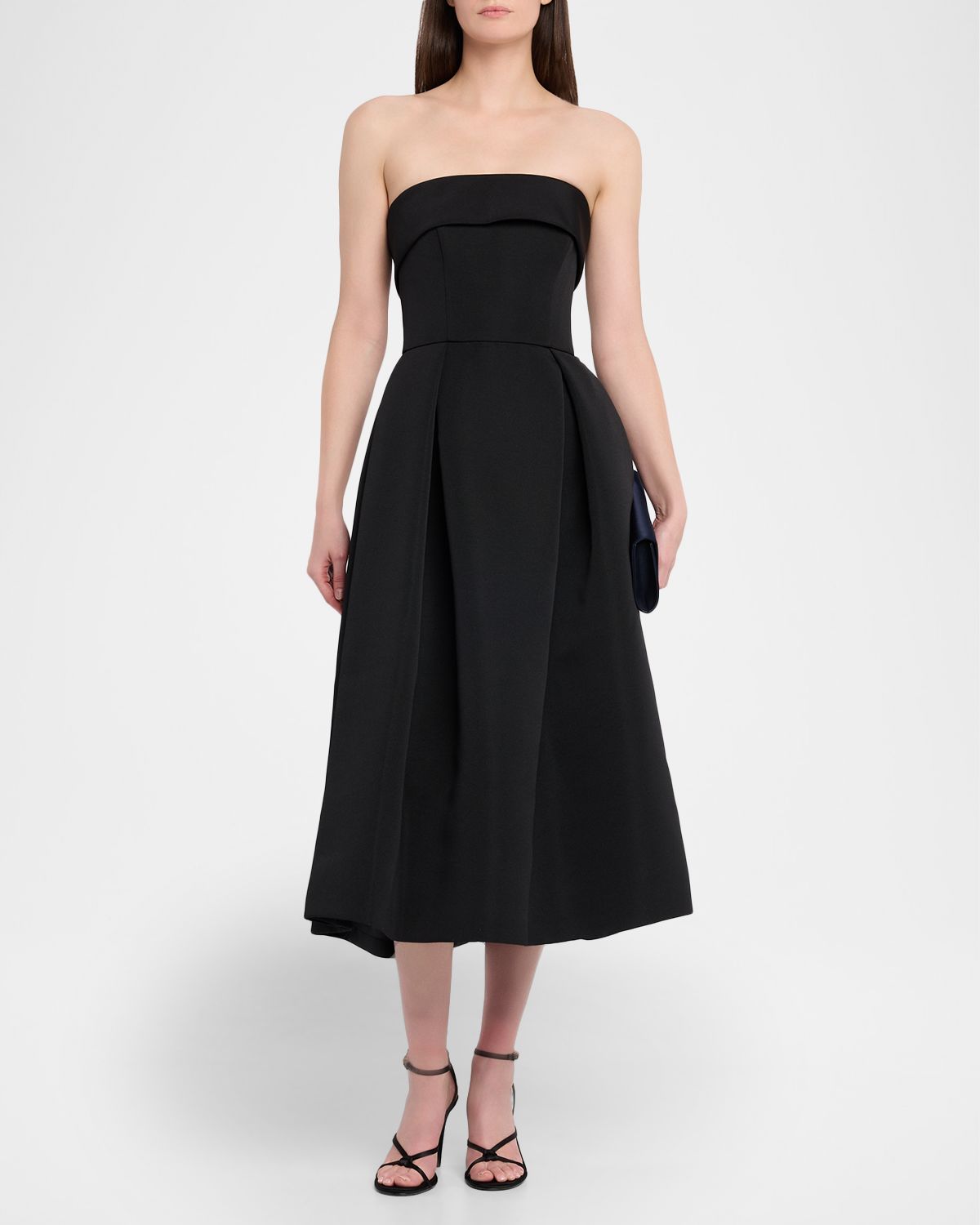 Amsale Foldover Strapless Faille Pleated Midi Dress