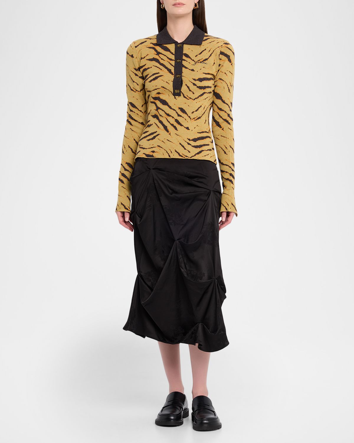 Ganni Fluid Satin Jacquard Draped Skirt