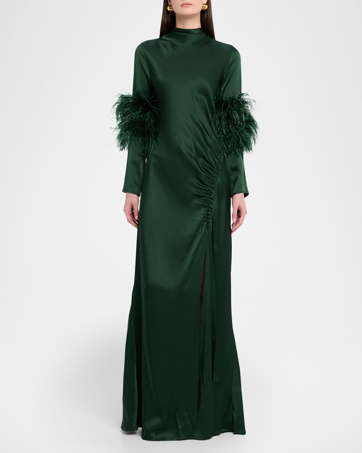 LAPOINTE Feather-Trim Long-Sleeve Satin Maxi Dress | Thumbnail 5 LAPOINTE Feather-Trim Long-Sleeve Satin Maxi Dress | Thumbnail 5