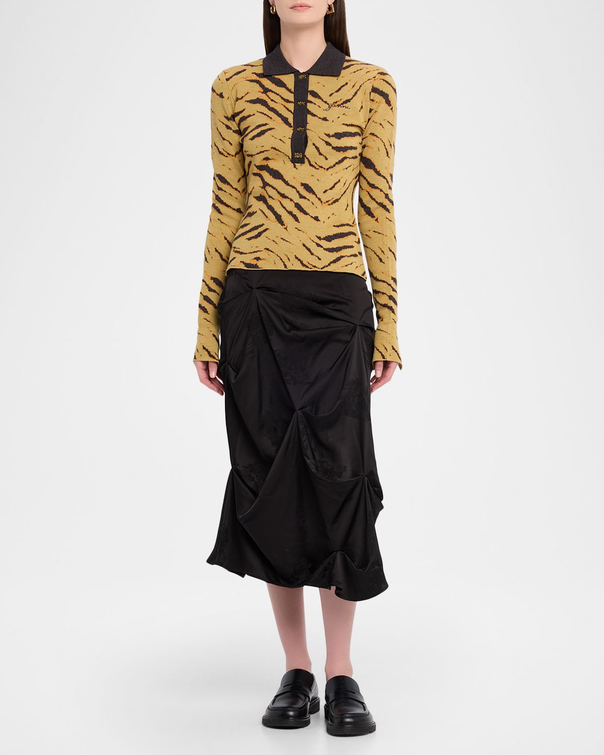 Ganni Fine Merino Jacquard Tiger Polo Sweater