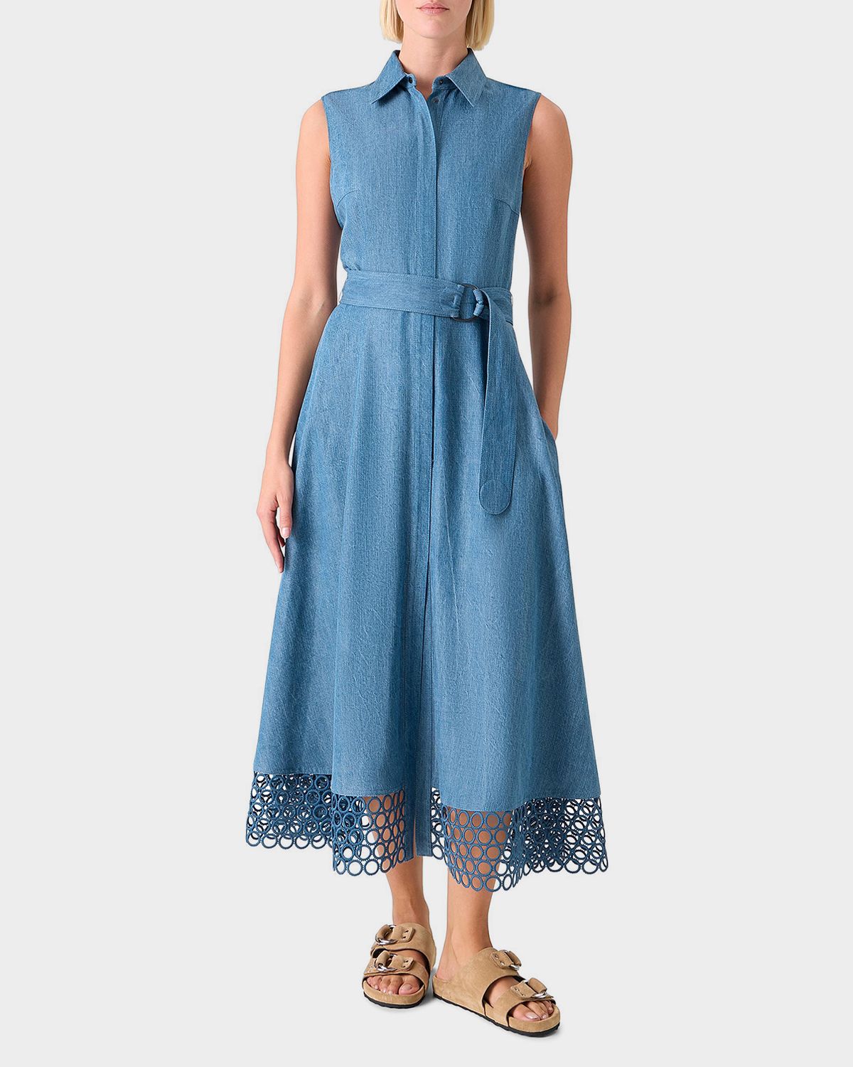 Akris punto Sleeveless Dot Embroidered Denim Midi Shirtdress