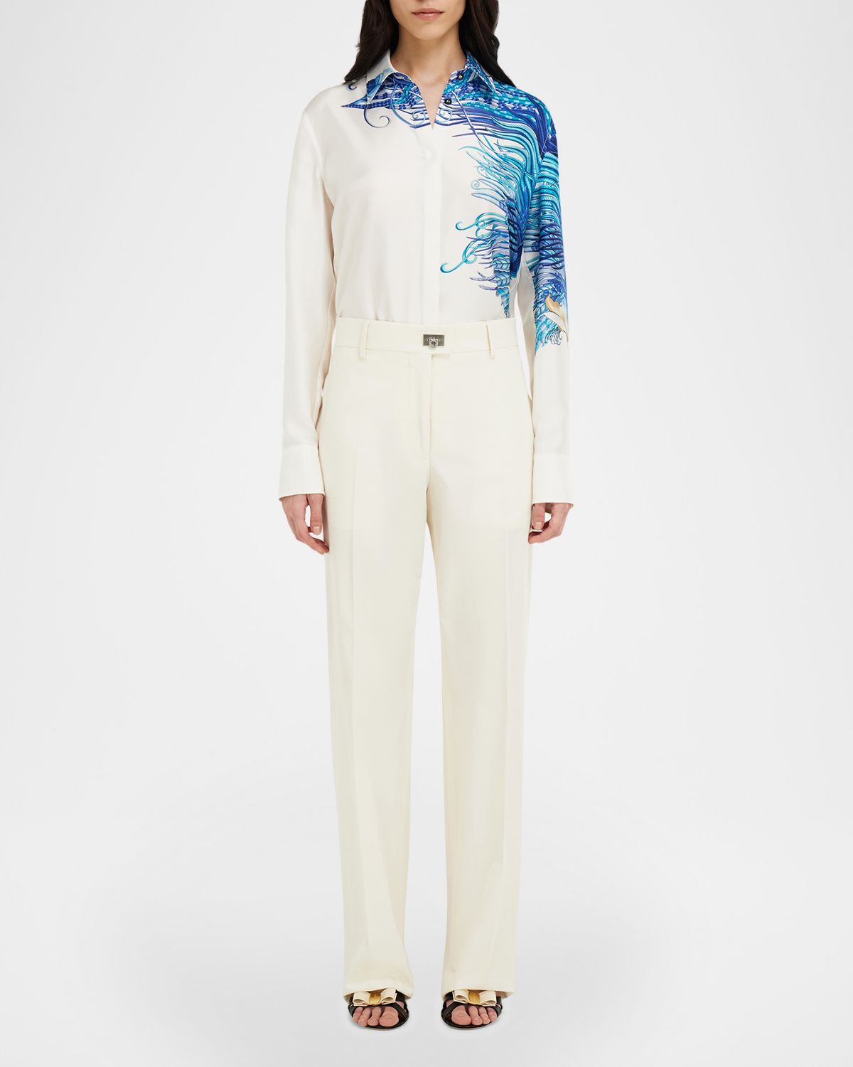 Ferragamo Cotton-Silk Canvas Turn Lock Straight-Leg Pants