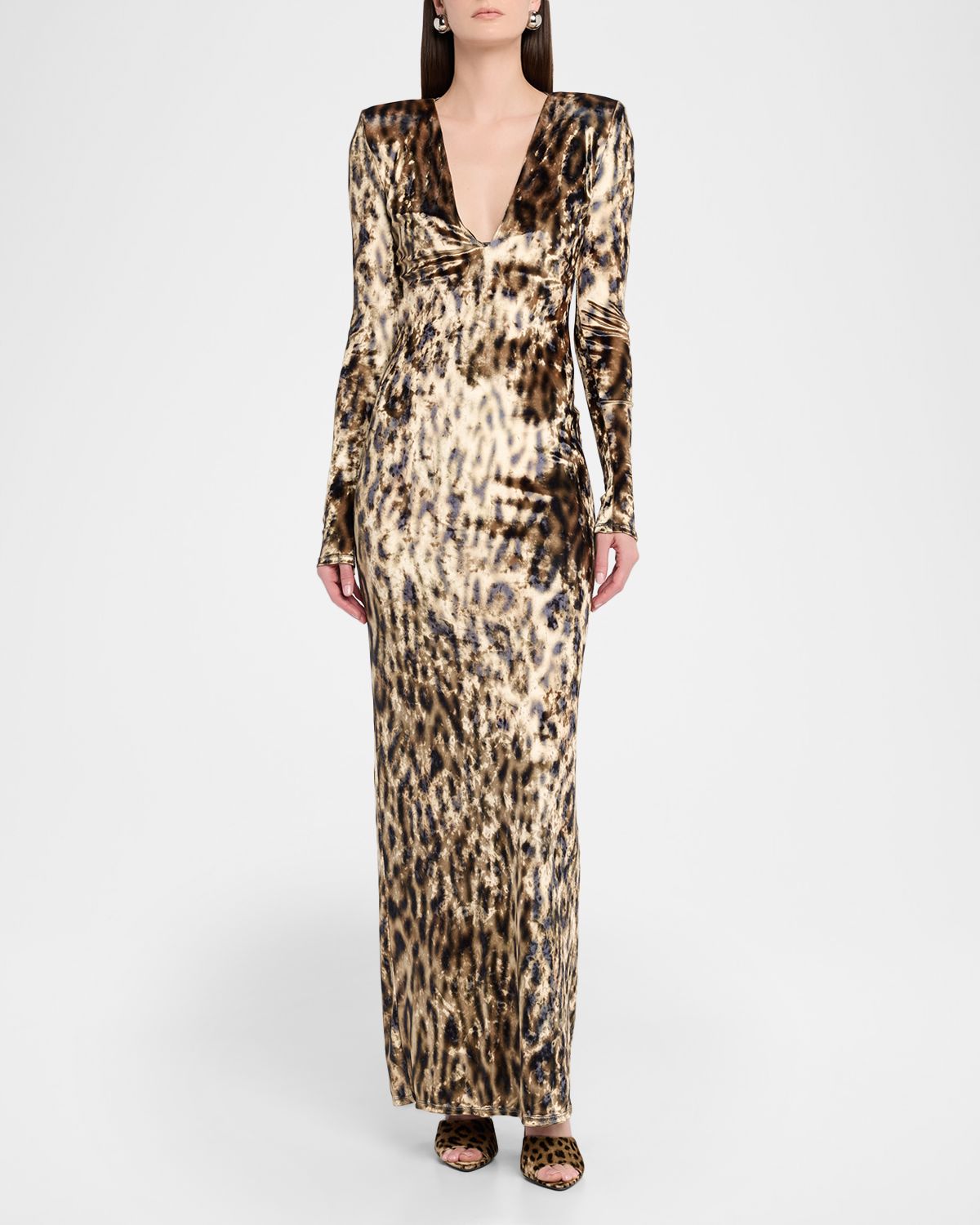 LAPOINTE Plunging Ocelot-Print Velvet Long-Sleeve Maxi Dress | Thumbnail 5
