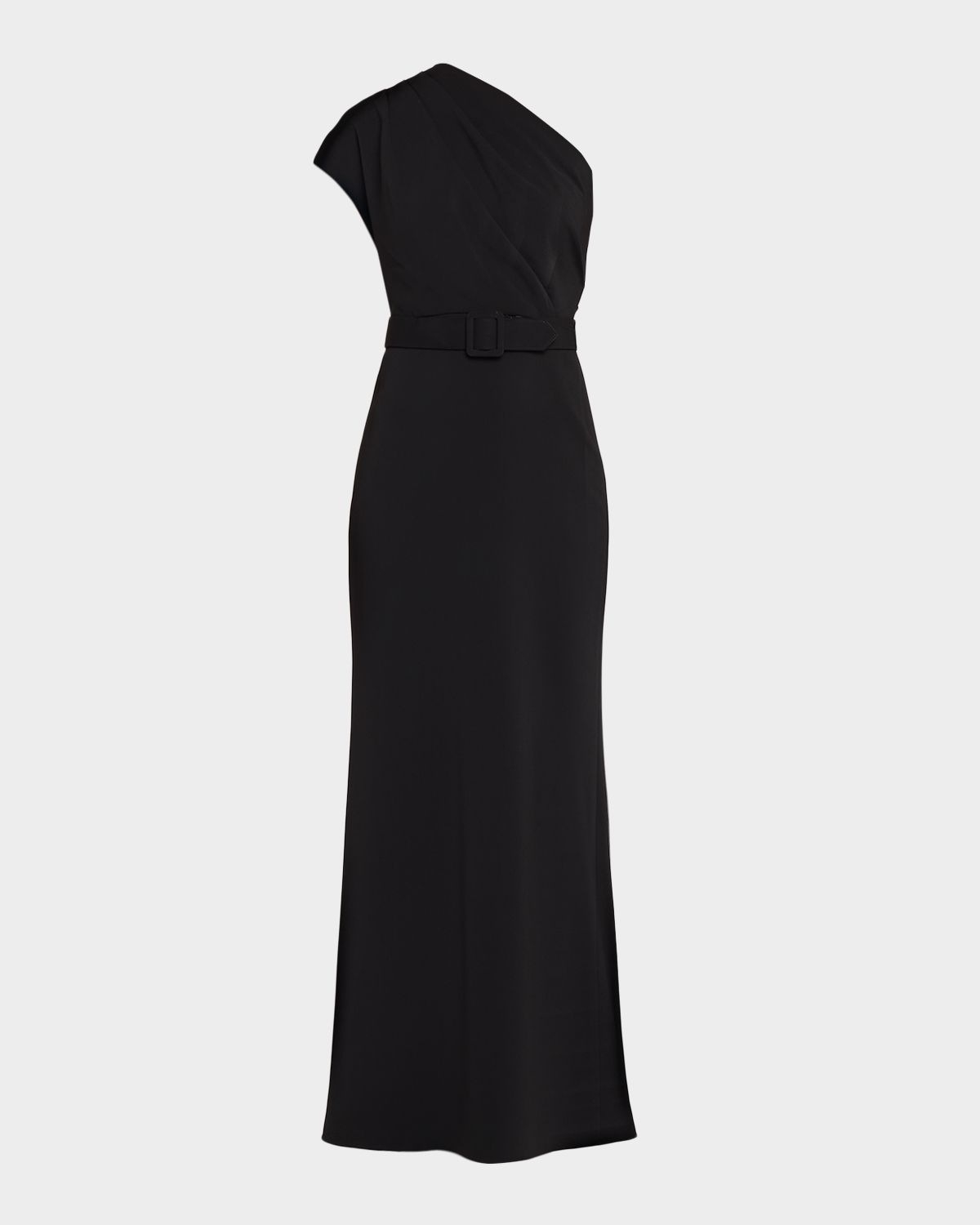 Badgley Mischka Belted One-Shoulder Column Gown