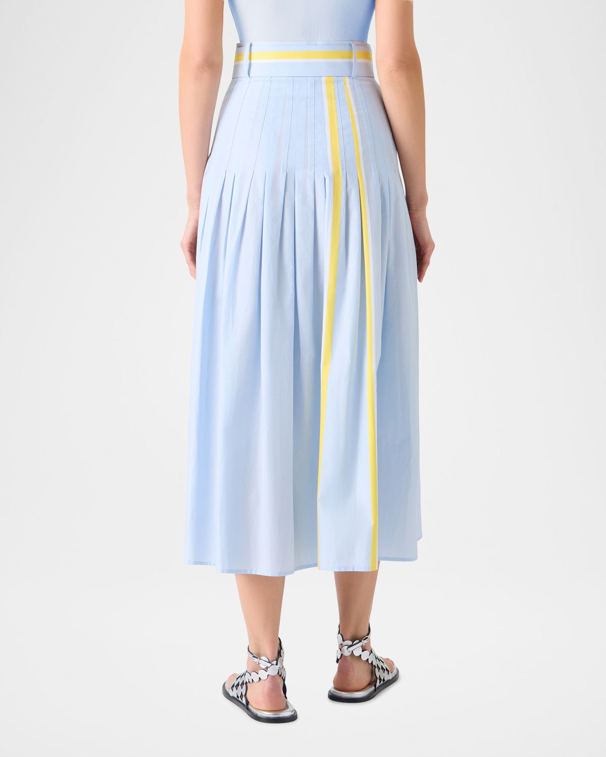 Akris punto Belted Pleated Cotton Stripe Midi Skirt