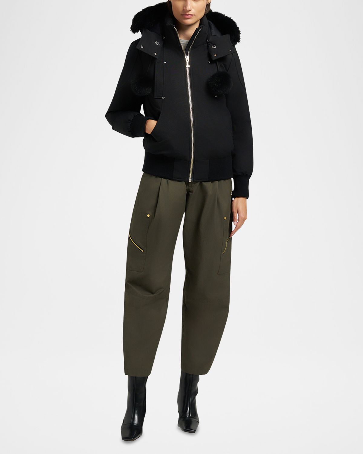 Moose Knuckles Debbie Bomber Jacket with Detachable Hood, Shearling Trim, & Pom Poms | Thumbnail 2