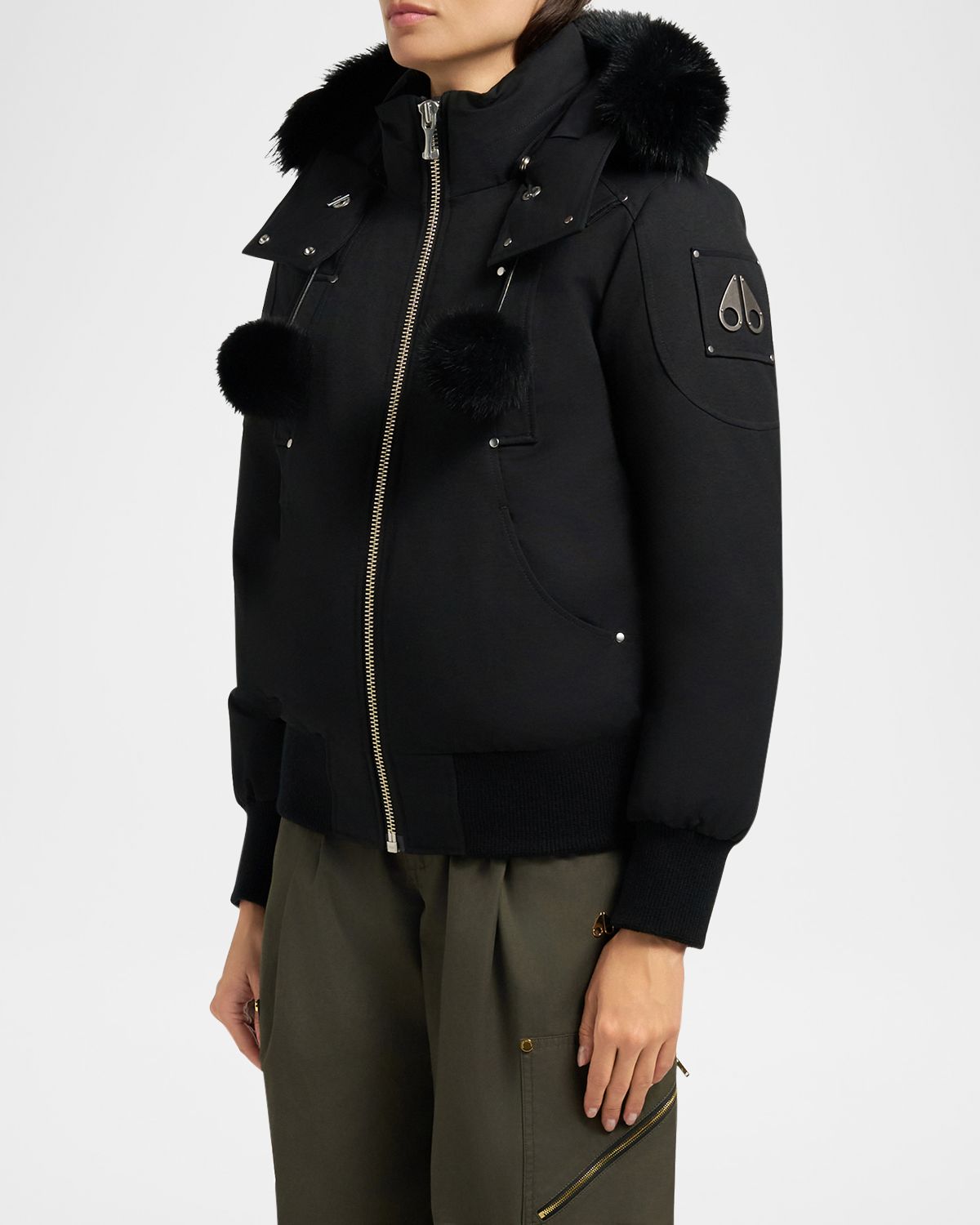 Moose Knuckles Debbie Bomber Jacket with Detachable Hood, Shearling Trim, & Pom Poms | Thumbnail 4