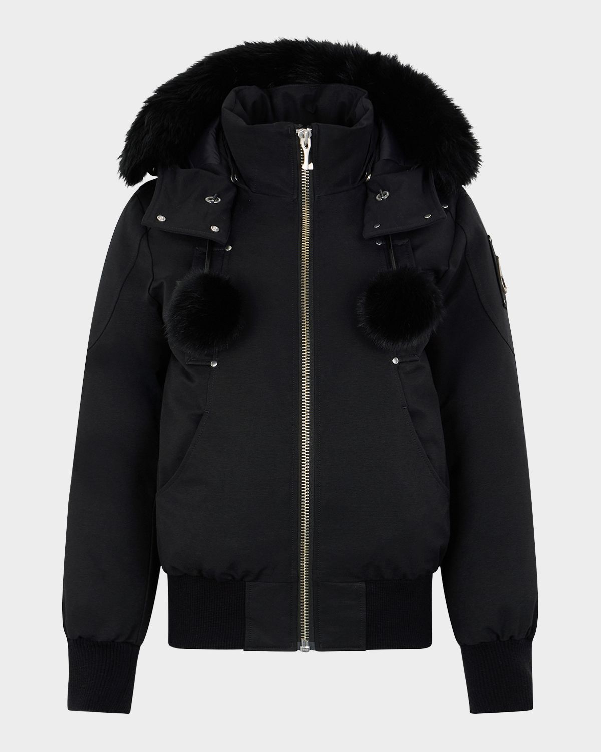 Moose Knuckles Debbie Bomber Jacket with Detachable Hood, Shearling Trim, & Pom Poms