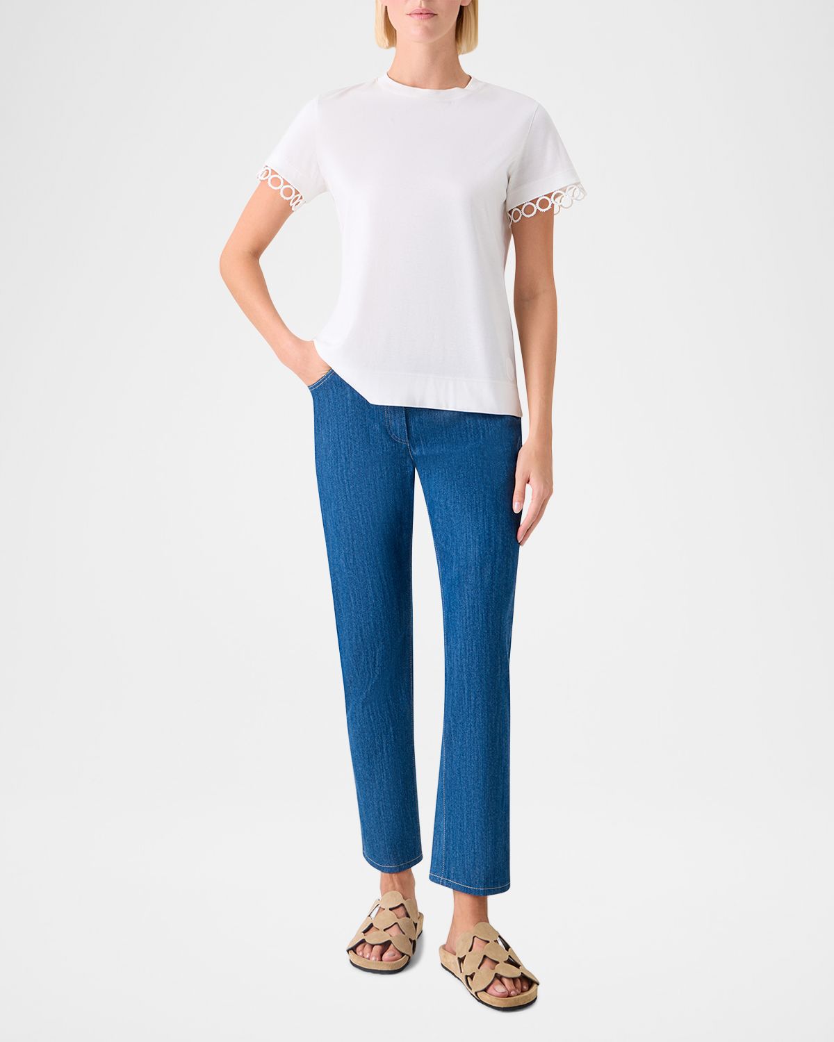 Akris punto Embroidered-Cuff Short-Sleeve T-Shirt