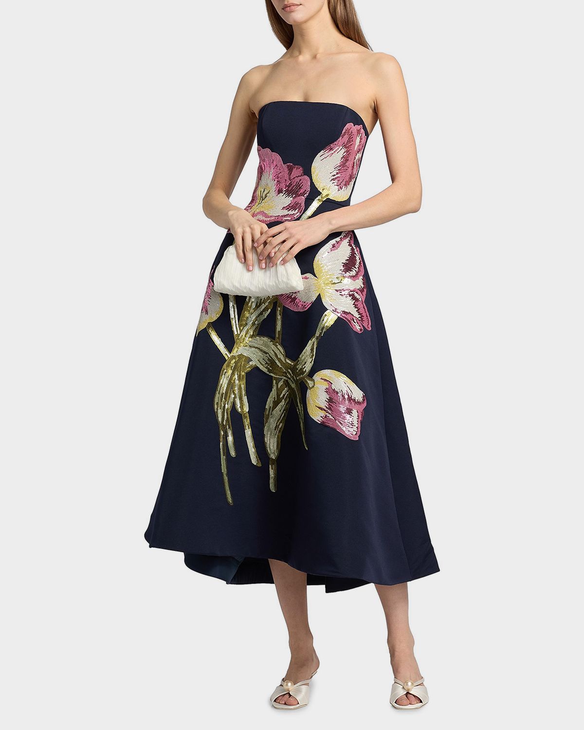 Amsale Floral Sequined Strapless Midi Cocktail Dress