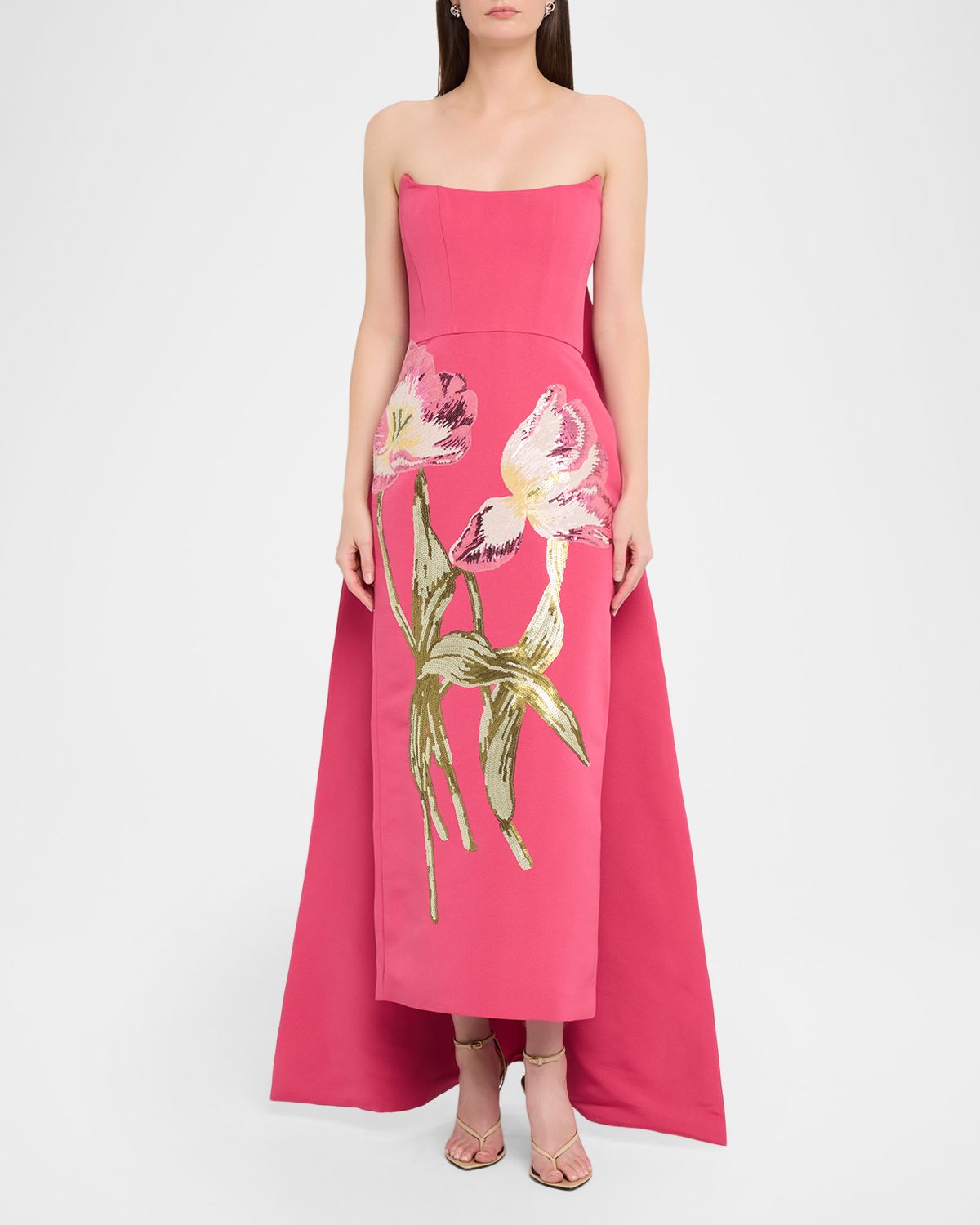 Amsale Strapless Sequined Floral Cape Column Gown