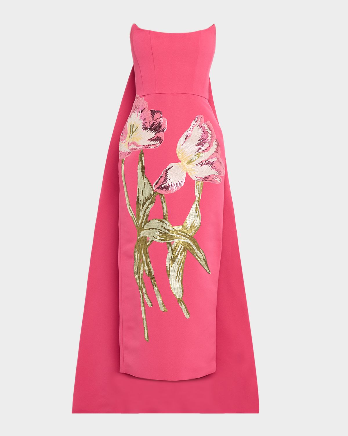 Amsale Strapless Sequined Floral Cape Column Gown