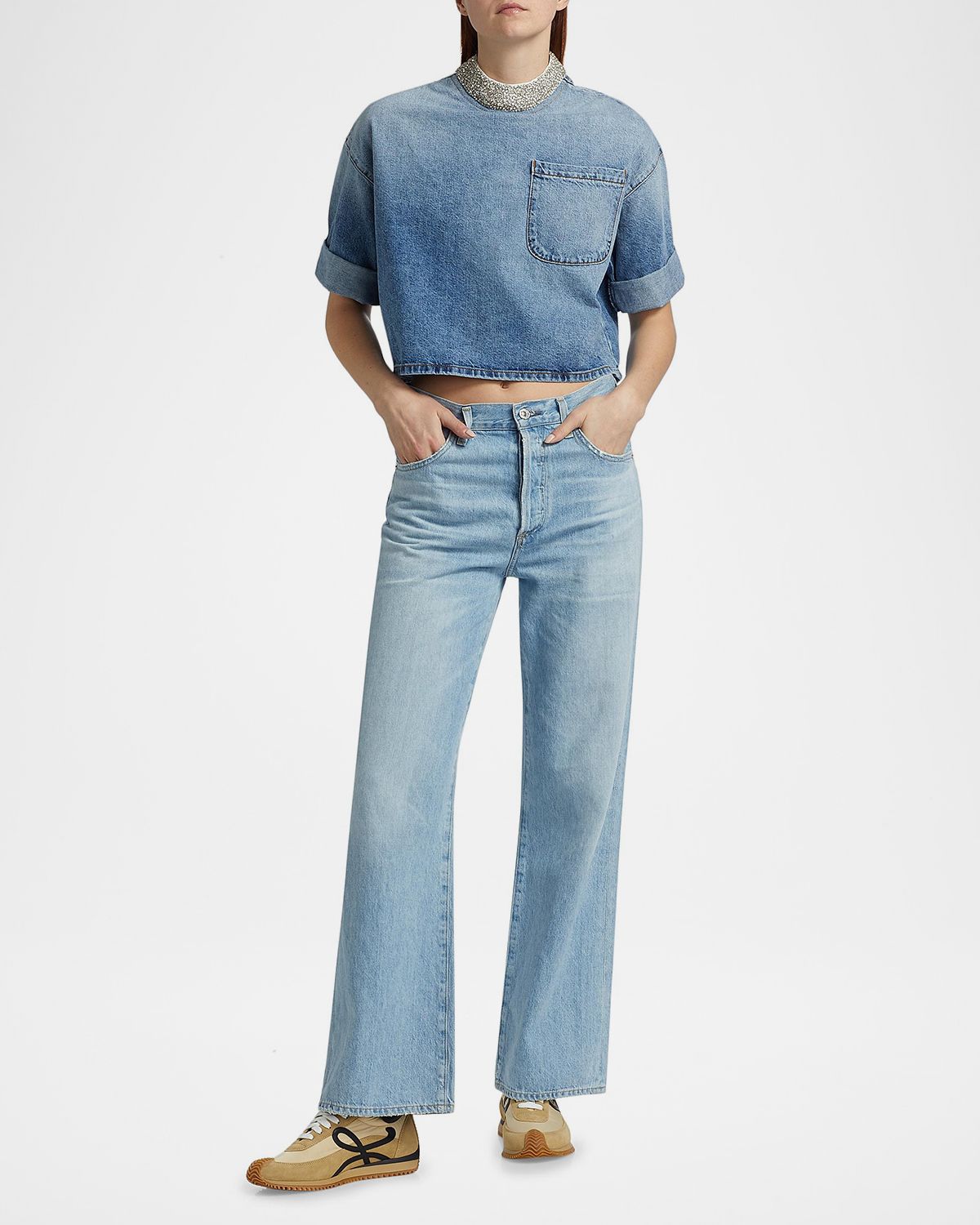 TWP Ex T Denim Crop Top with Crystal Collar