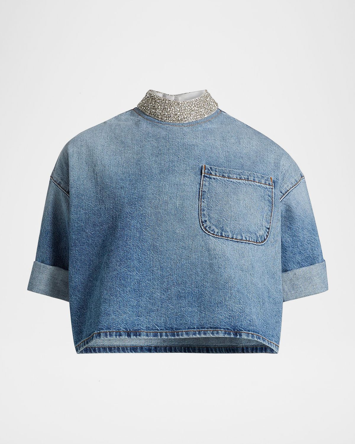 TWP Ex T Denim Crop Top with Crystal Collar