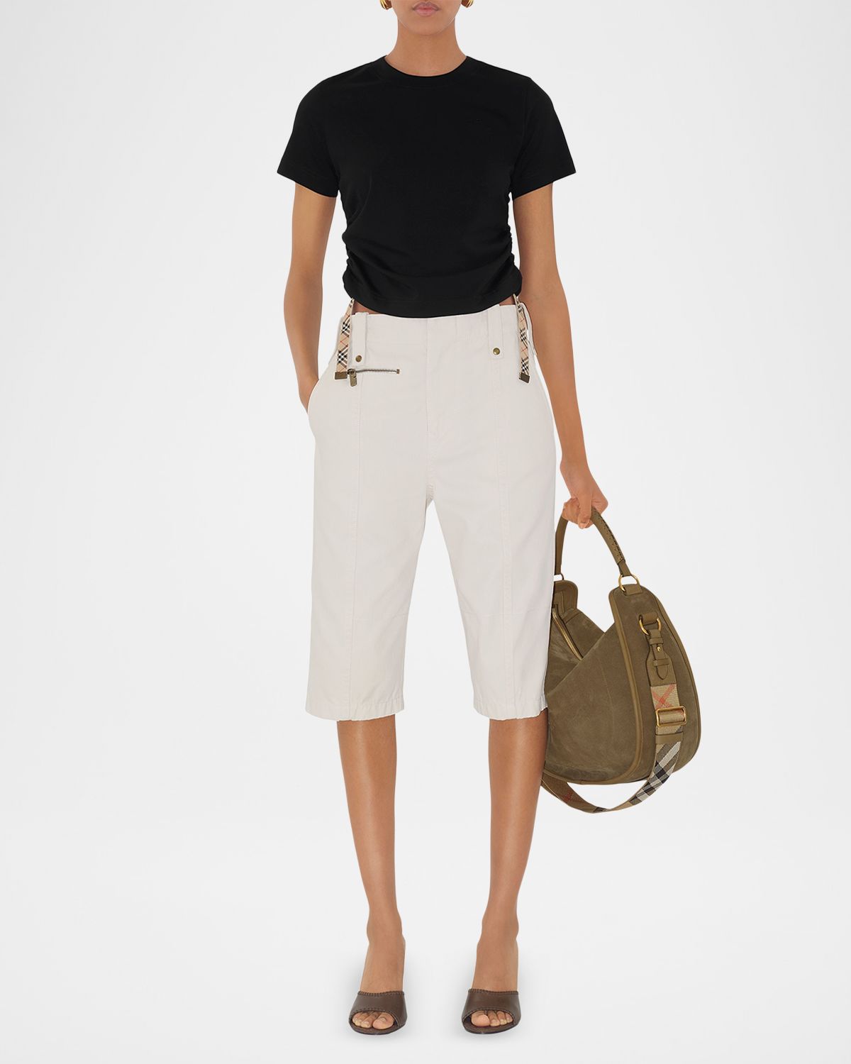 Burberry Check-Tie Ruched Short-Sleeve Crop T-Shirt