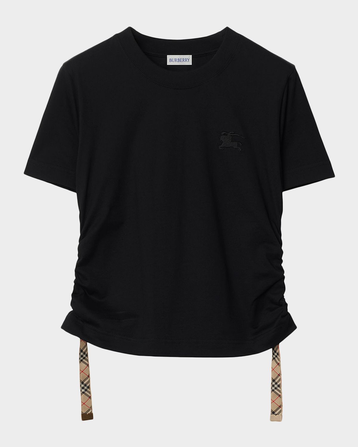 Burberry Check-Tie Ruched Short-Sleeve Crop T-Shirt