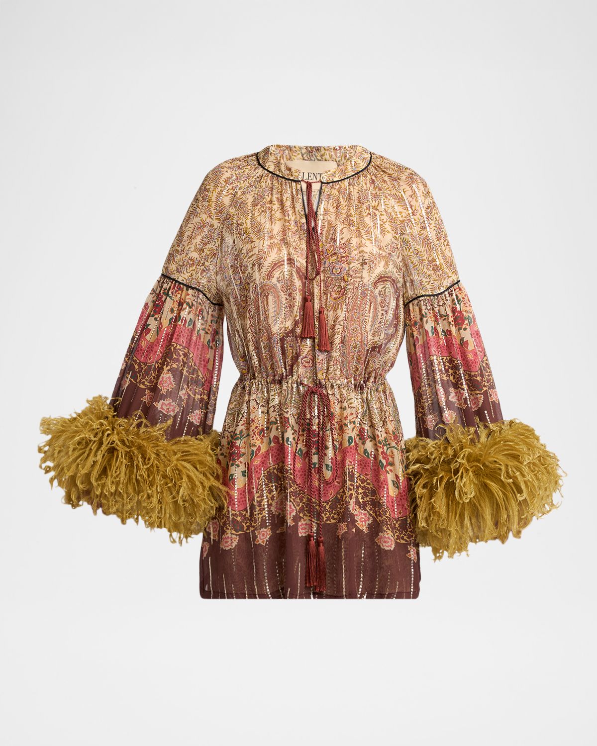 Valentino Garavani Flare-Sleeve Metallic Paisley Silk Top With Feather Trim | Thumbnail 6