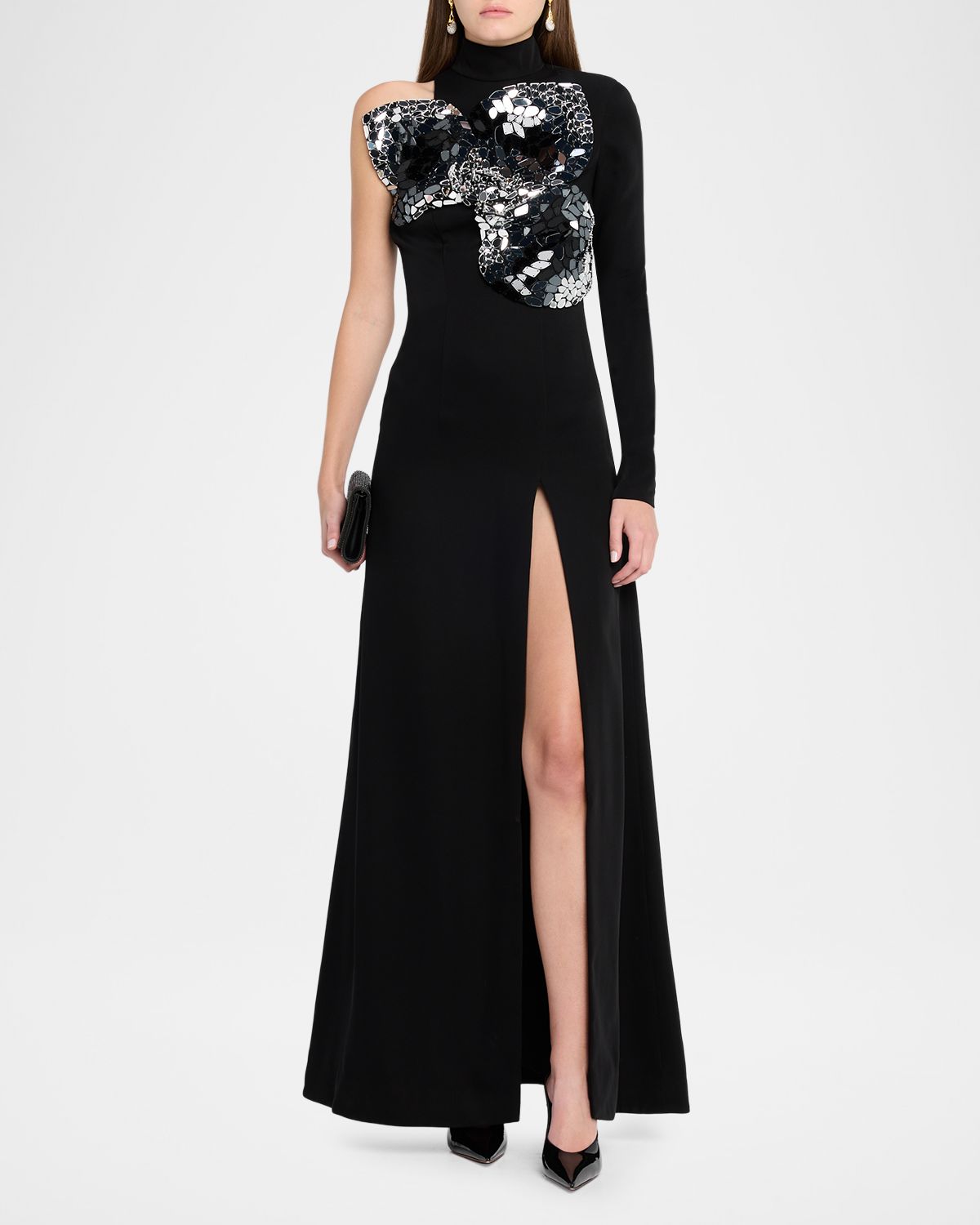 AREA Embroidered Ombre Flower Asymmetric Long-Sleeve Gown