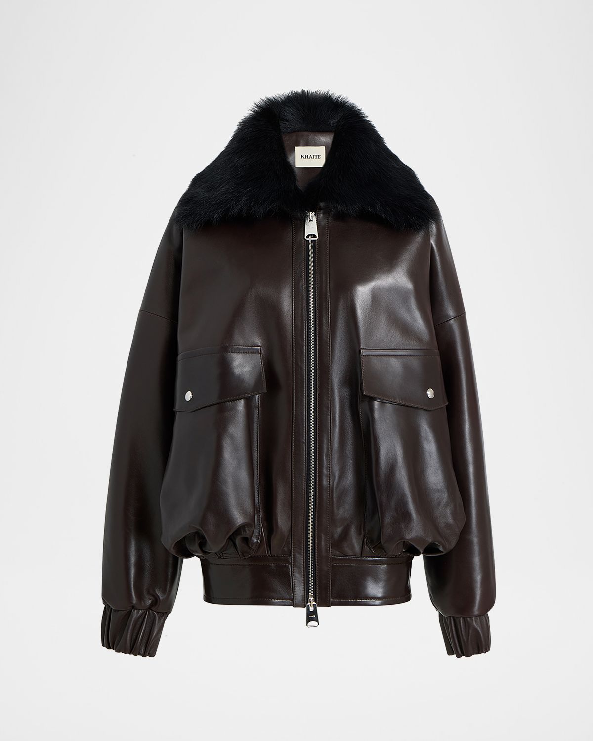 Khaite Daemon Oversized Leather Jacket with Shearling Collar