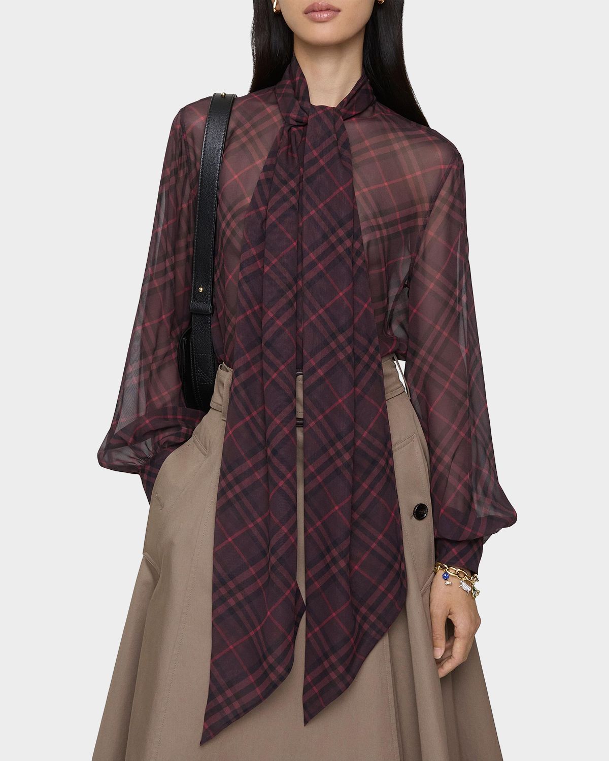 Burberry Lina Check Silk Neck-Scarf Button-Down Shirt