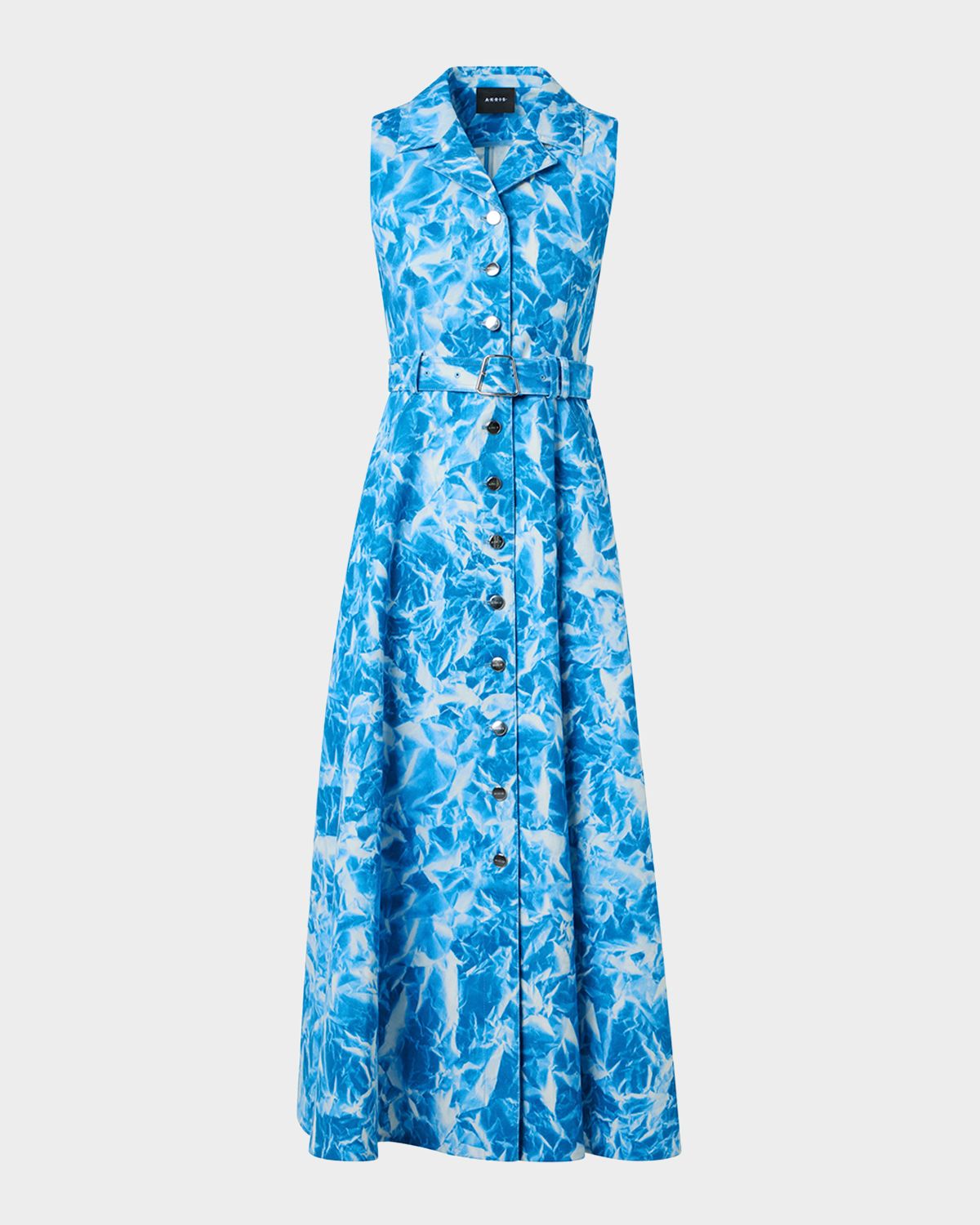 Akris Whitecaps Print Denim Belted Midi Shirtdress