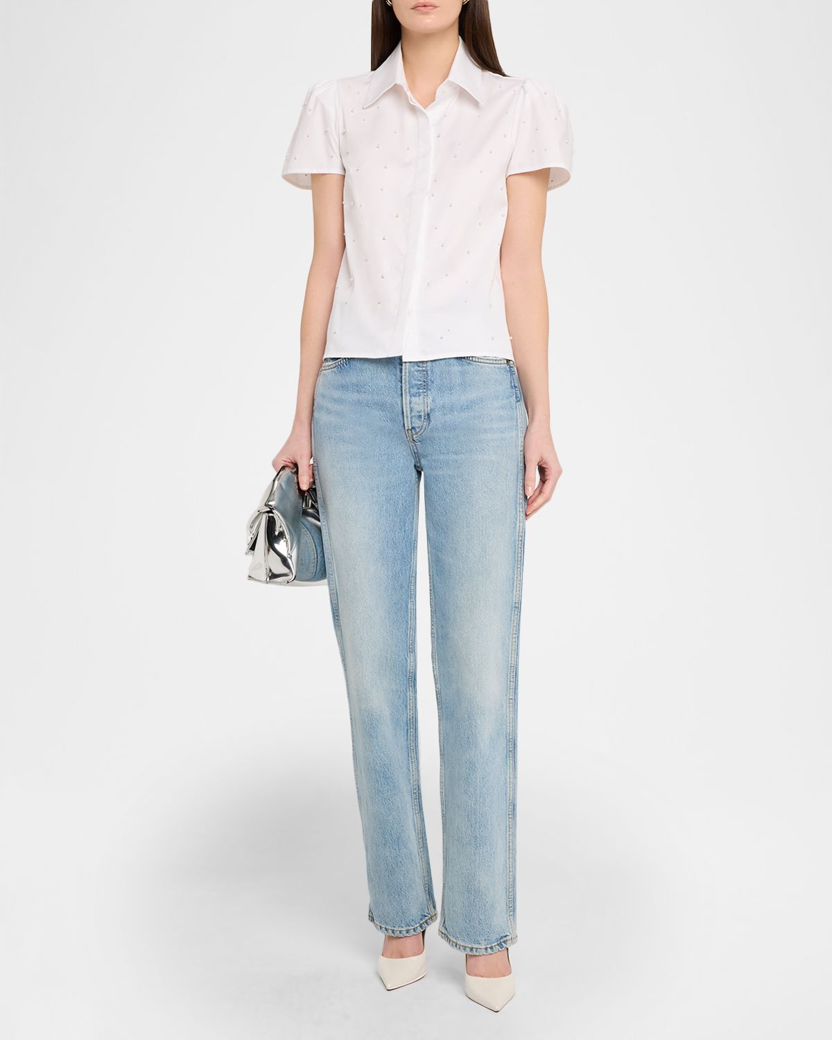 Generation Love Murphy Pearl-Embellished Short-Sleeve Poplin Shirt