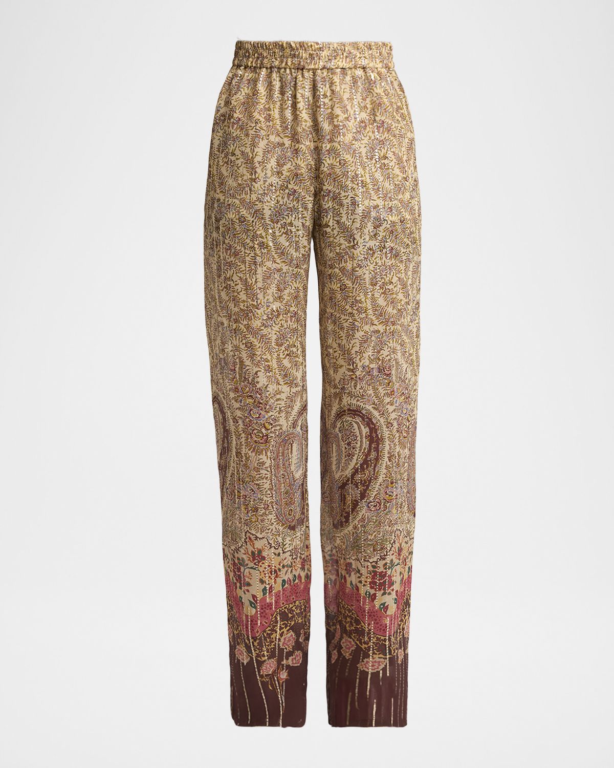 Valentino Garavani Paisley Metallic Silk Straight-Leg Pull-On Pants
