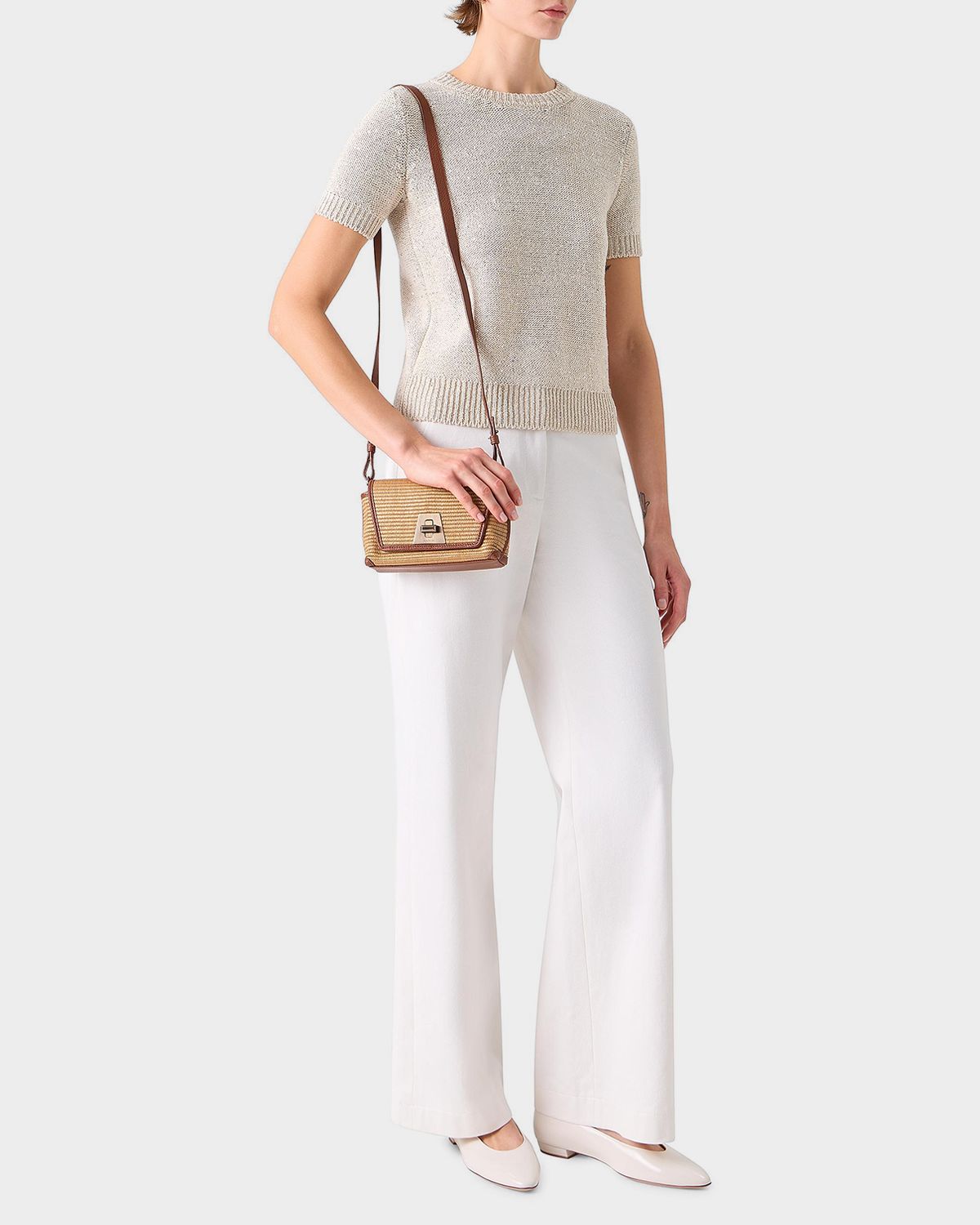 Akris Paillette Linen-Cotton Short-Sleeve Sweater